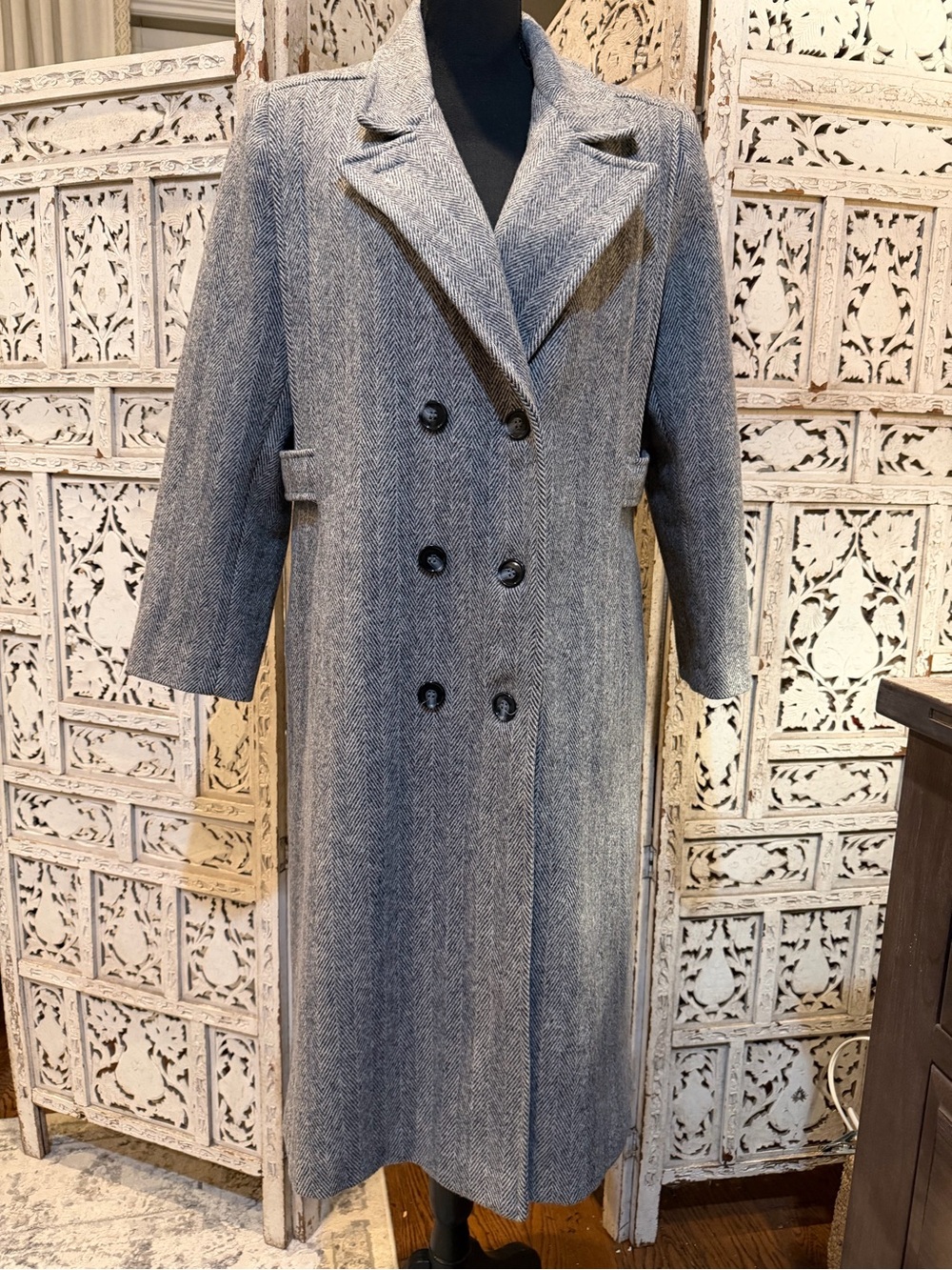Vintage Nobely Fashions Herringbone Wool Blend Long Coat Petite S Made in USA